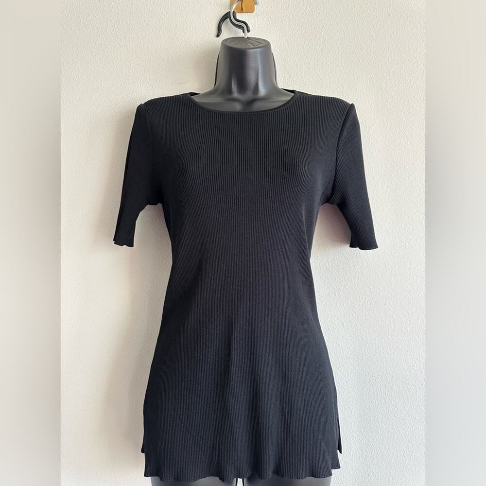 Vintage 90s Misook Black Ribbed Knit Top | 90s Minimalist Shoulder Pads Size M